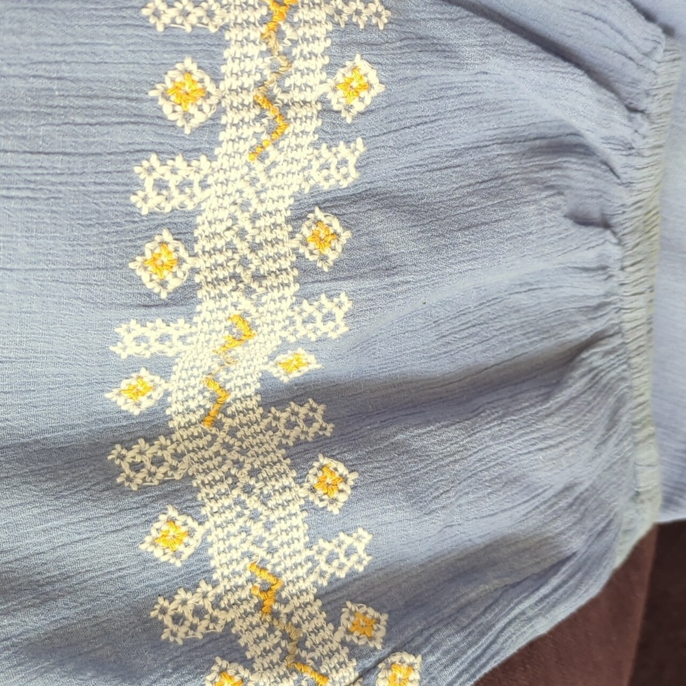 Catherines Light Blue Top with White and Yellow Embroidery. - Picture 2 of 4